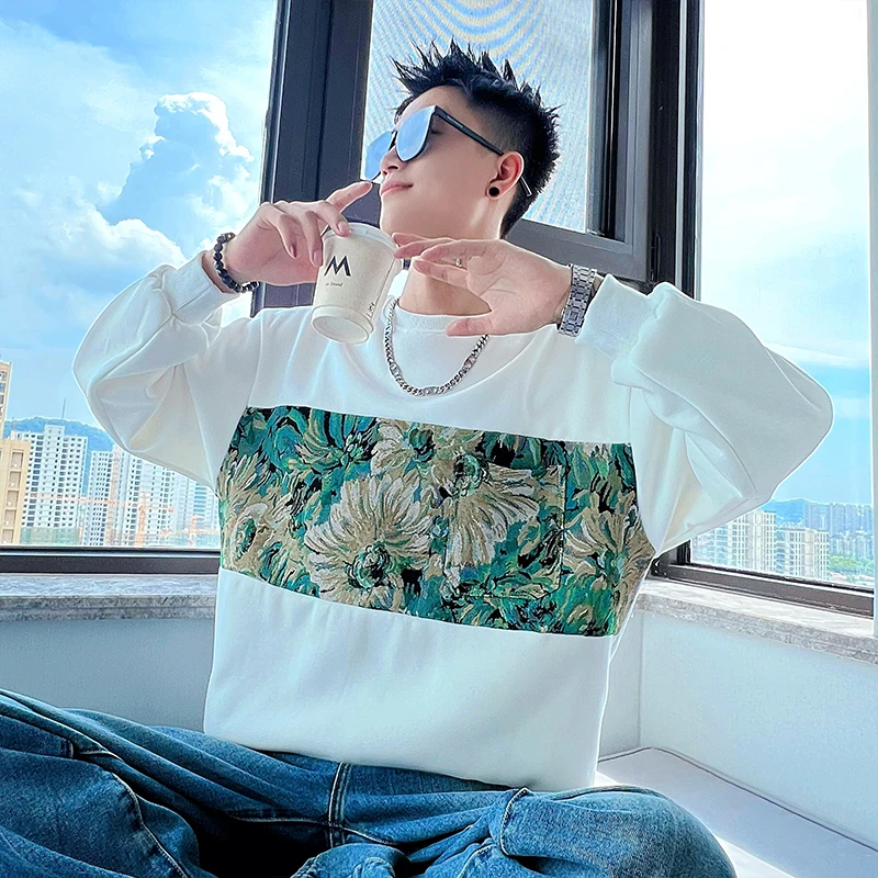 男士卫衣春秋季男装2025新款撞色拼接痞帅重磅圆领长袖打底衫外套