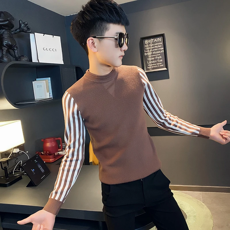 毛衣男款冬季2024新款爆款条纹拼接长袖打底针织衫男装圆领毛线衣