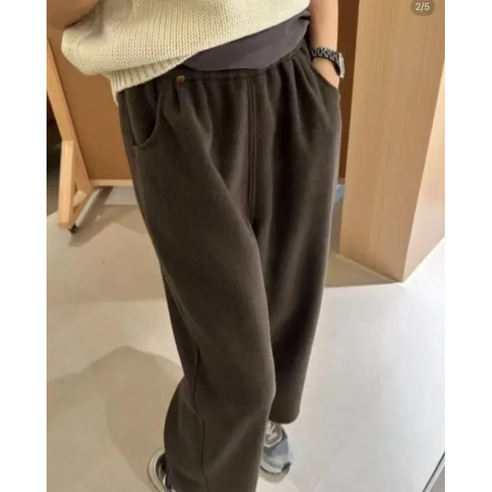 NO退E*GG韩系贝壳扣毛呢休闲阔腿裤