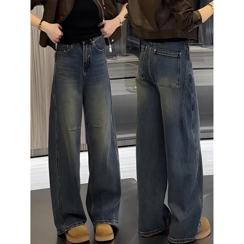 阔腿牛仔裤女春季2025年新款大码胖mm显瘦直筒弯刀裤子