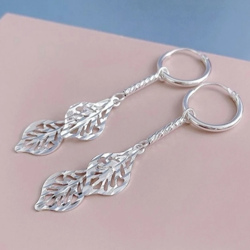 足银耳饰 纯银镂空树叶耳环时尚双叶子耳扣耳坠气质女神节送妈妈