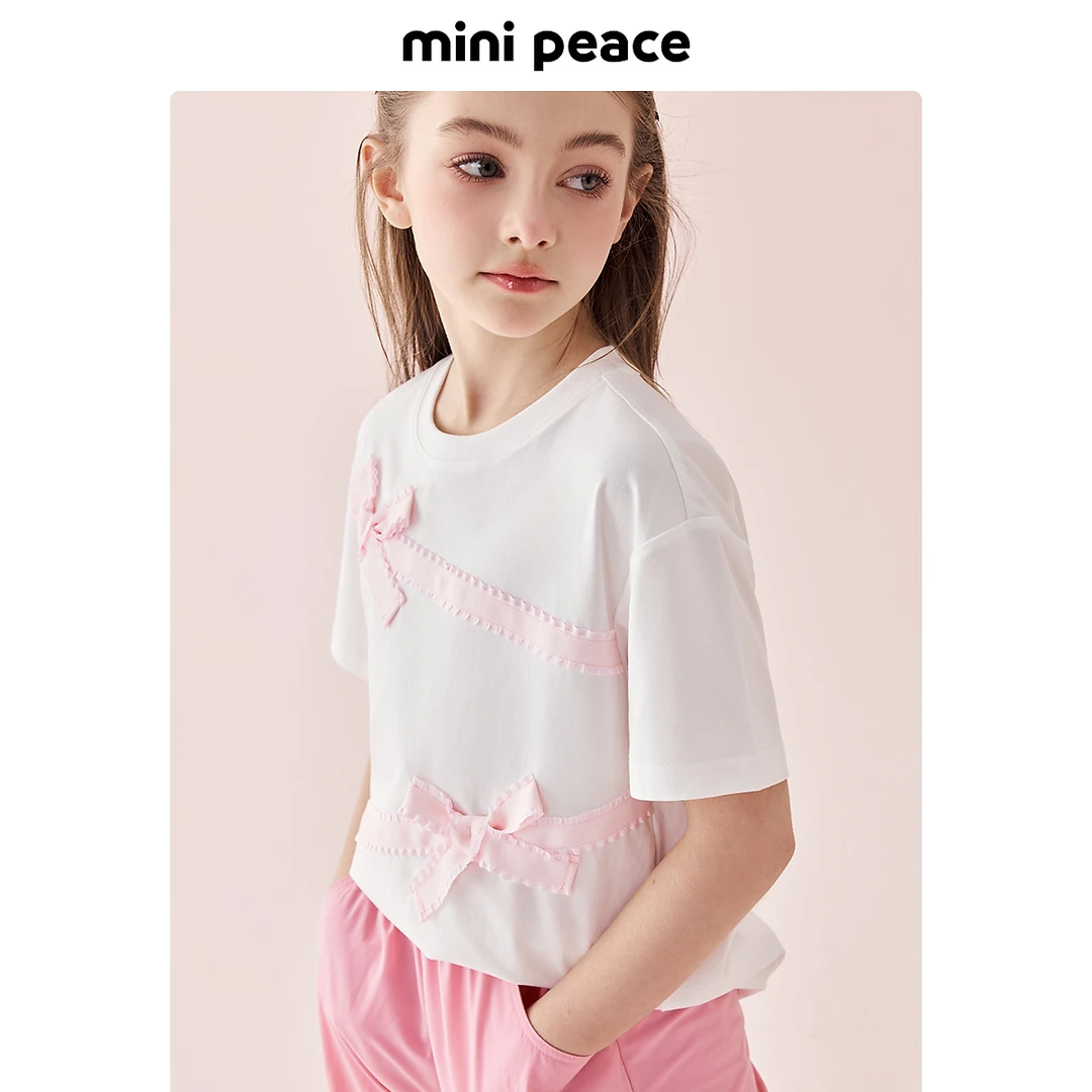 MiniPeace太平鸟童装夏季女童短袖T恤儿童甜美蝴蝶结女孩圆领上衣
