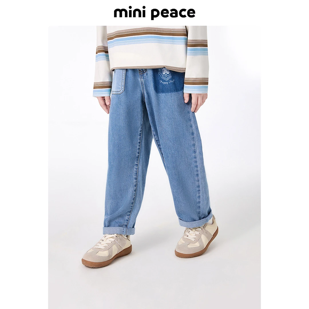 MiniPeace太平鸟童装男童老爹裤秋季新款撞色图案儿童牛仔裤潮