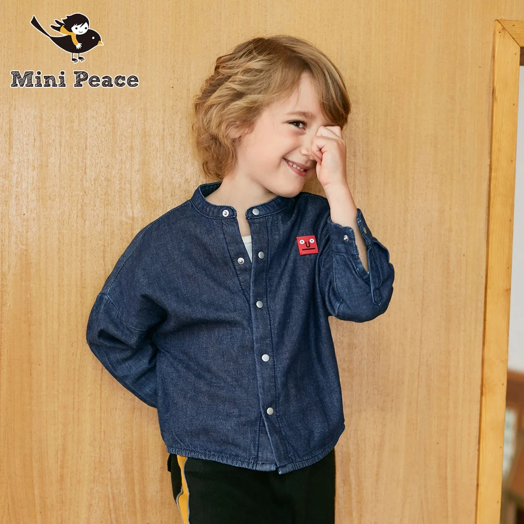 MINIPEACE太平鸟童装男童长袖圆领牛仔衬衫外套卡通装饰春秋新品