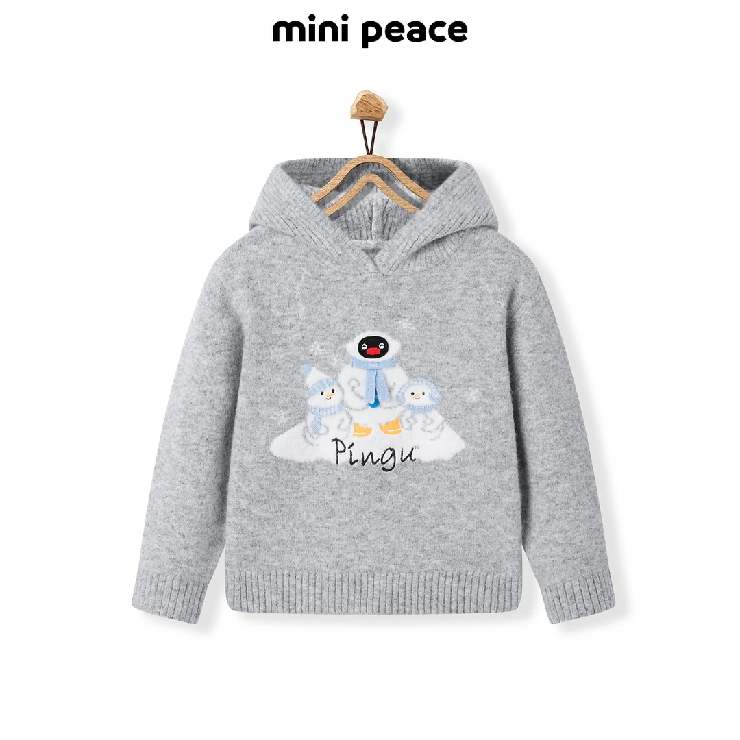 【专柜同款】太平鸟|Pingu联名童装女童针织外套儿童连帽毛衣冬装