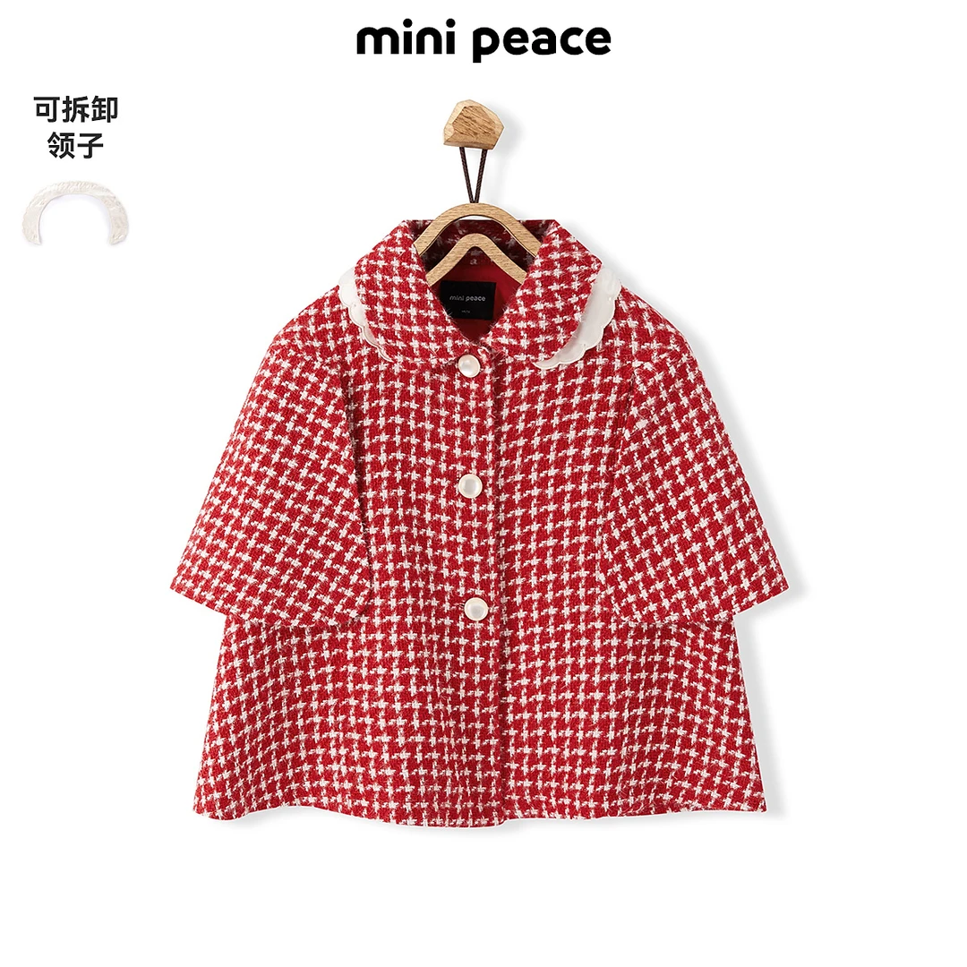 MiniPeace太平鸟童装圆领女童单排扣休闲格纹大衣冬季