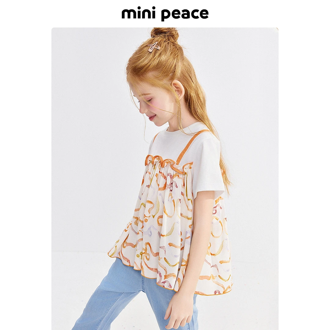 MINIPEACE太平鸟童装女童短袖T恤儿童花纹薄上衣宝宝夏装洋气款