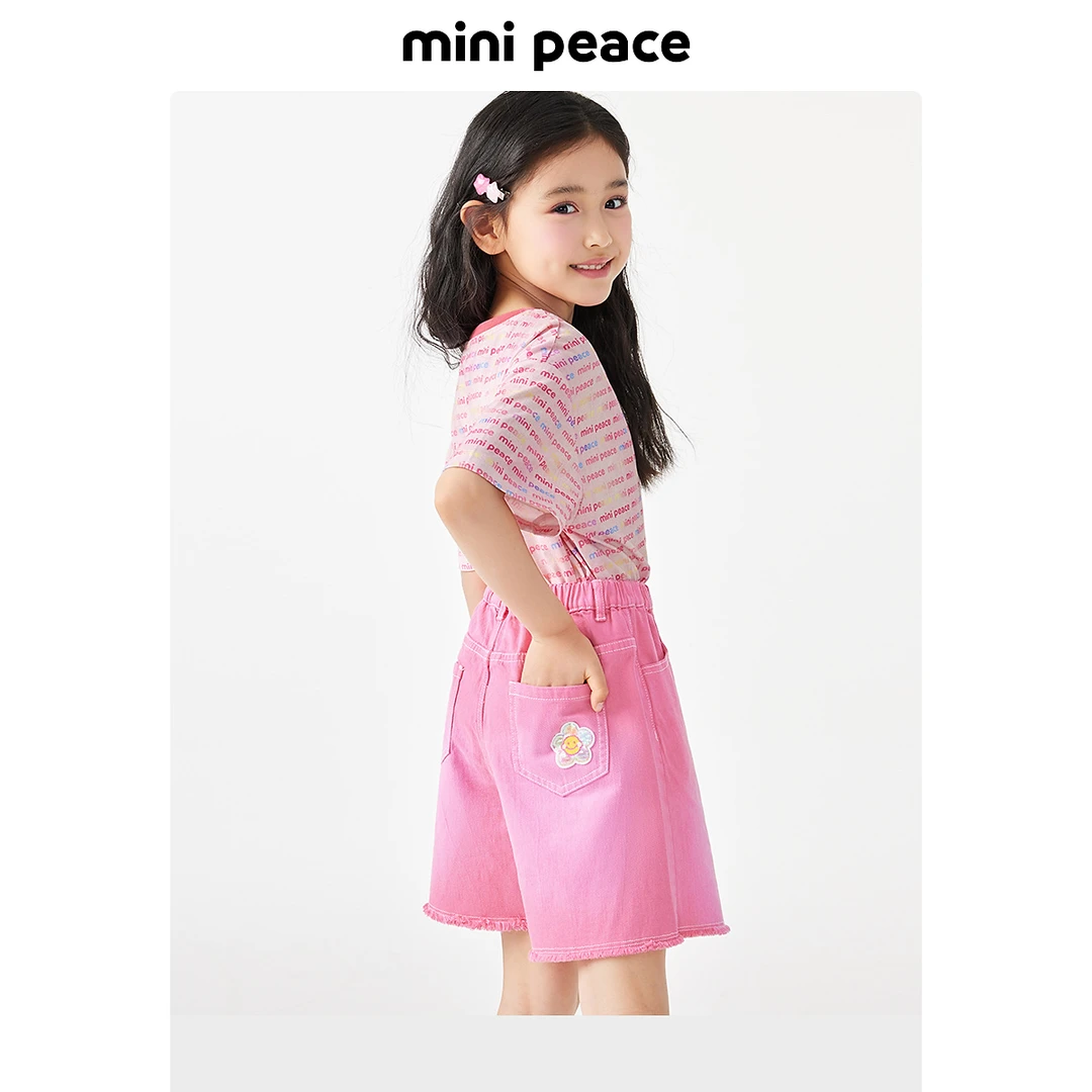 MINIPEACE太平鸟童装女童牛仔短裤多巴胺粉色儿童裤子夏季五分裤