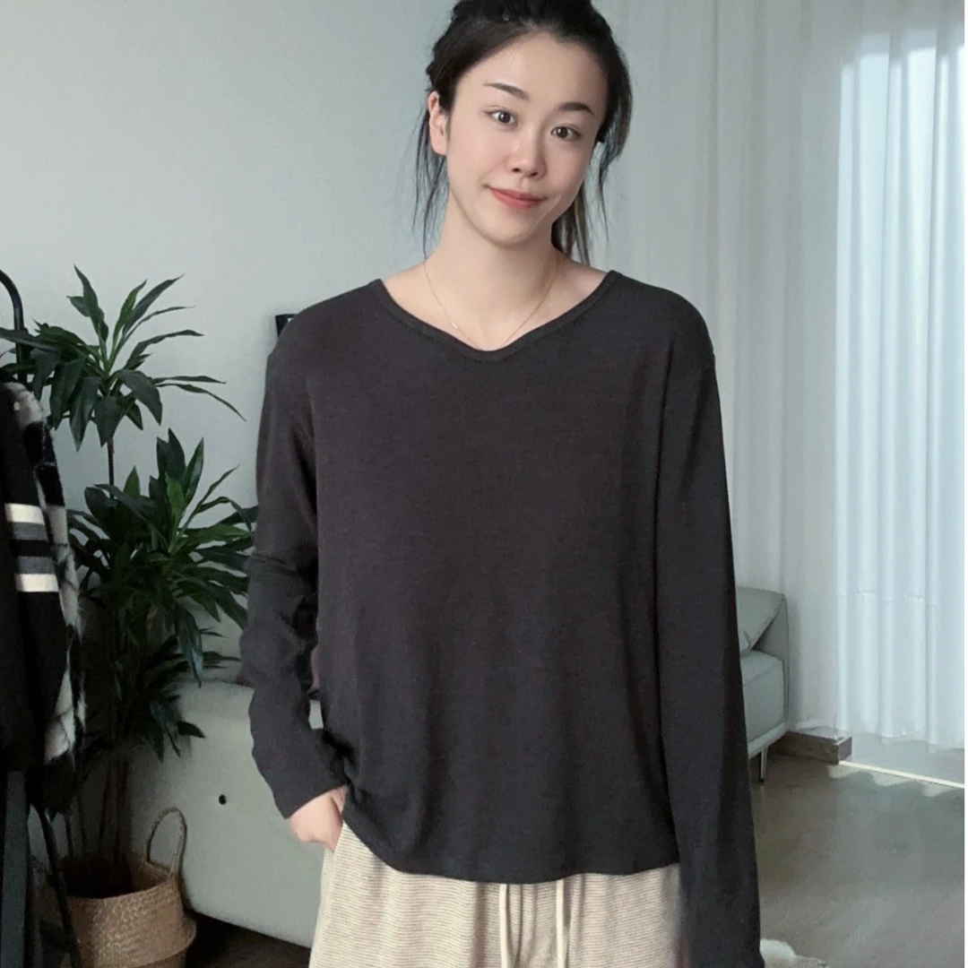 【NANA黑标】韩系慕斯绒海鸥领长袖套头打底T恤显瘦设计感上衣A0396