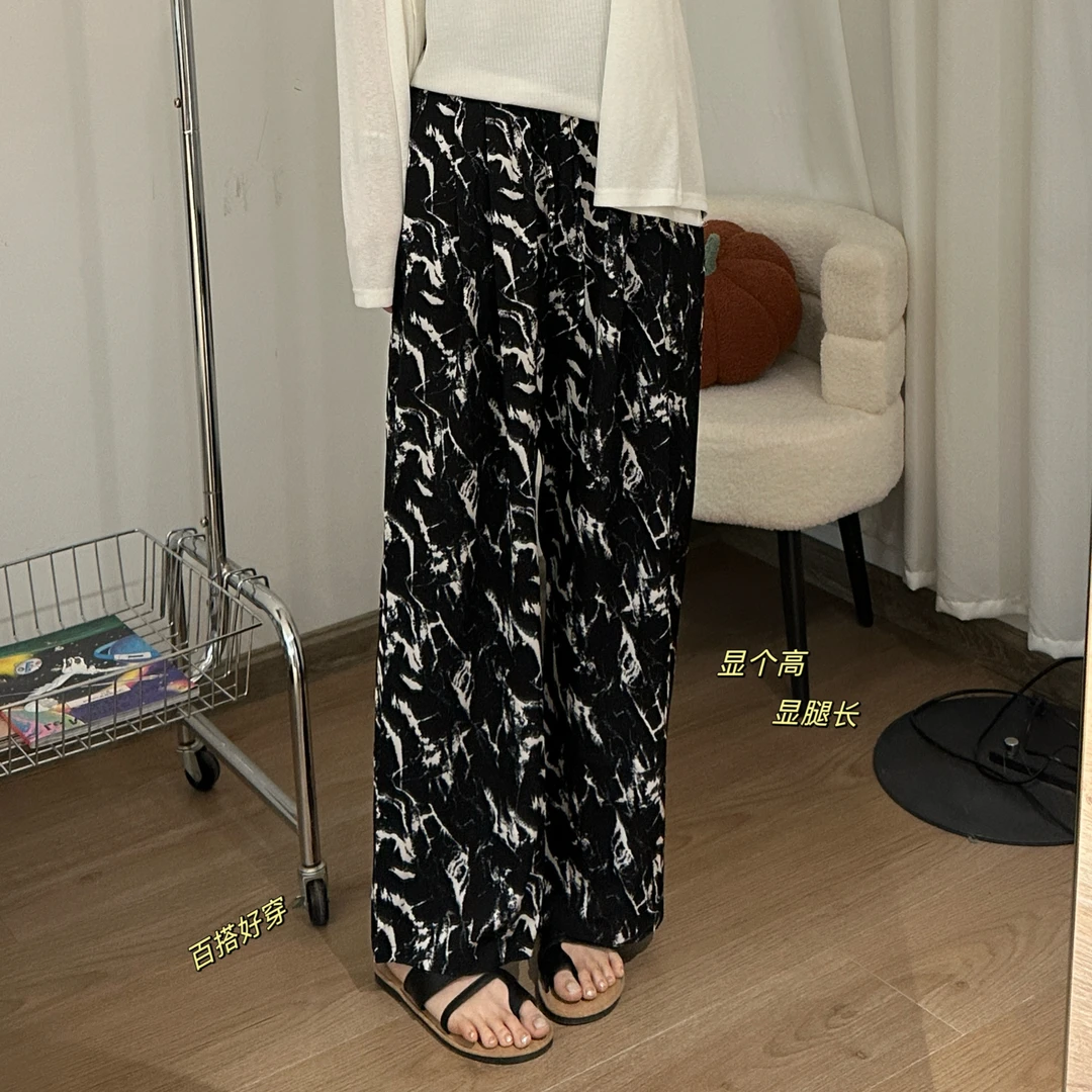 NANA水墨印花休闲裤高腰显瘦垂感瘦版直筒裤百搭夏A0731