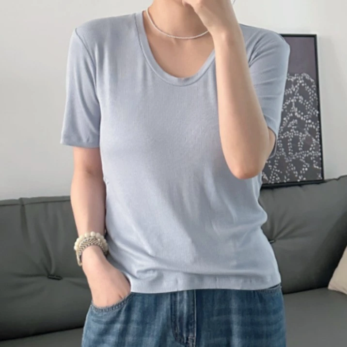 【NANA】春夏季纯色高级鹅蛋领螺纹短袖T休闲简约打底衫显瘦女A0299