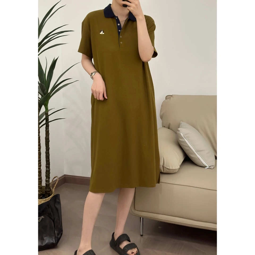 【NANA清仓品】夏超显瘦刺绣短袖Polo领连衣裙百搭宽松橄榄绿A0205
