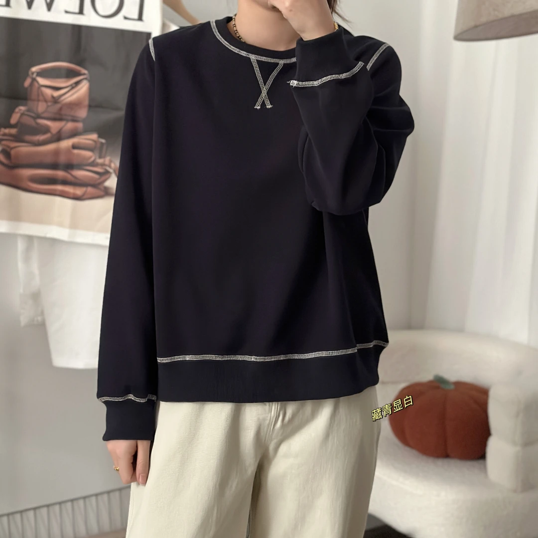 【NANA】春季美式圆领明线长袖T恤休闲宽松百搭vitage上衣女A0606