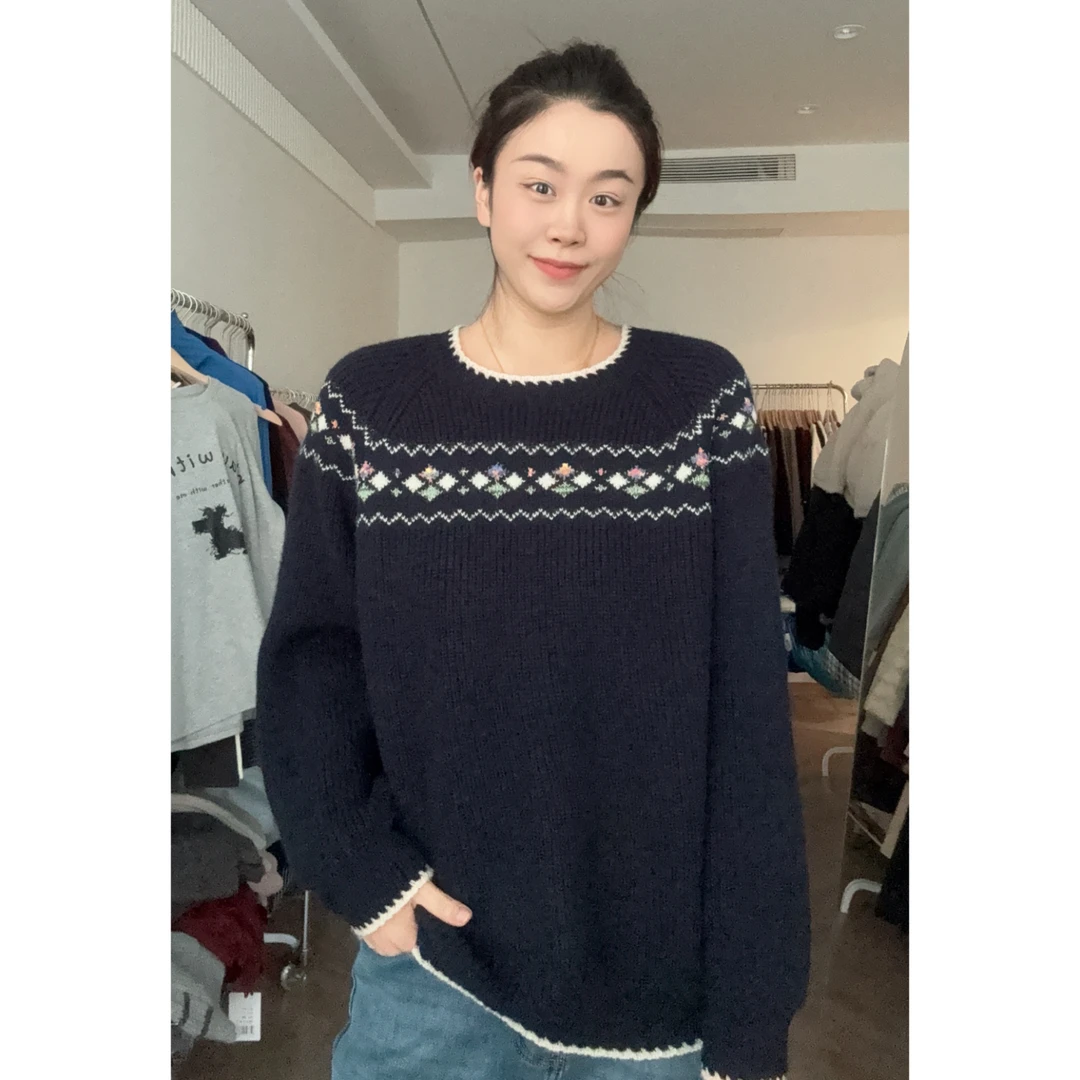 美亚恩NANA【小菱格】秋冬复古菱格圆领套头毛衣通勤百搭C0059