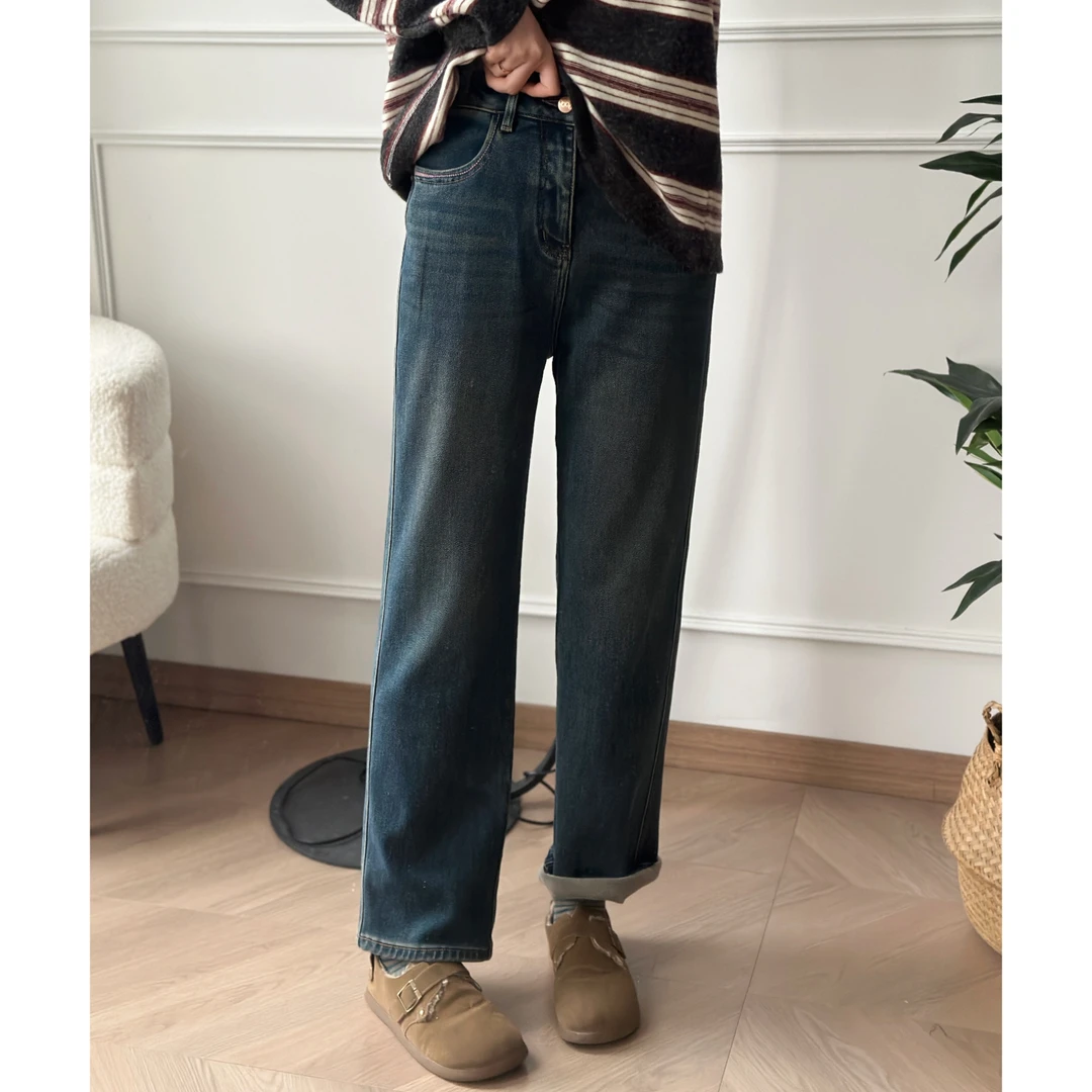 美亚恩NANA冬季加绒牛仔裤男友裤可卷边显瘦百搭四面弹A0946