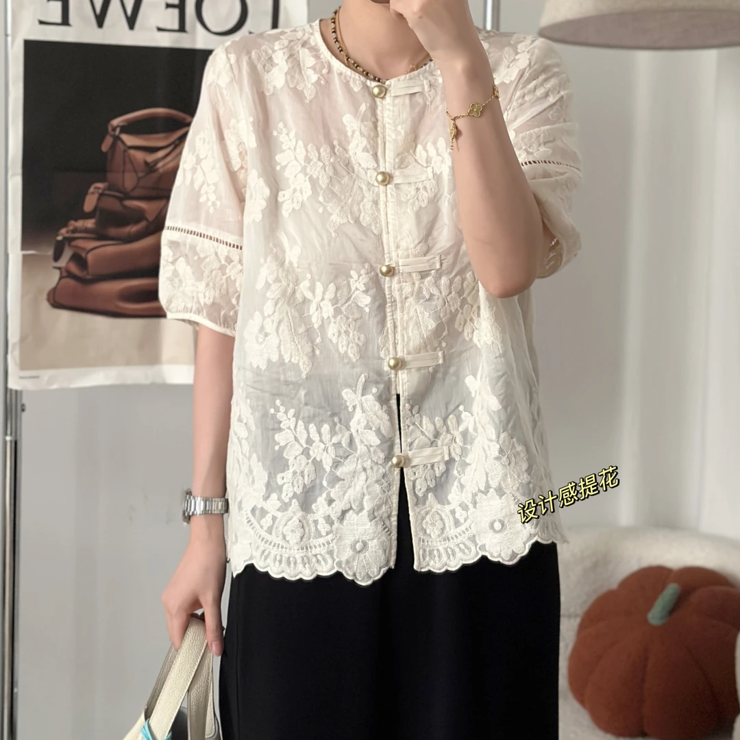 新中式蕾丝复古刺绣莱赛尔提花盘扣气质衬衣A0712