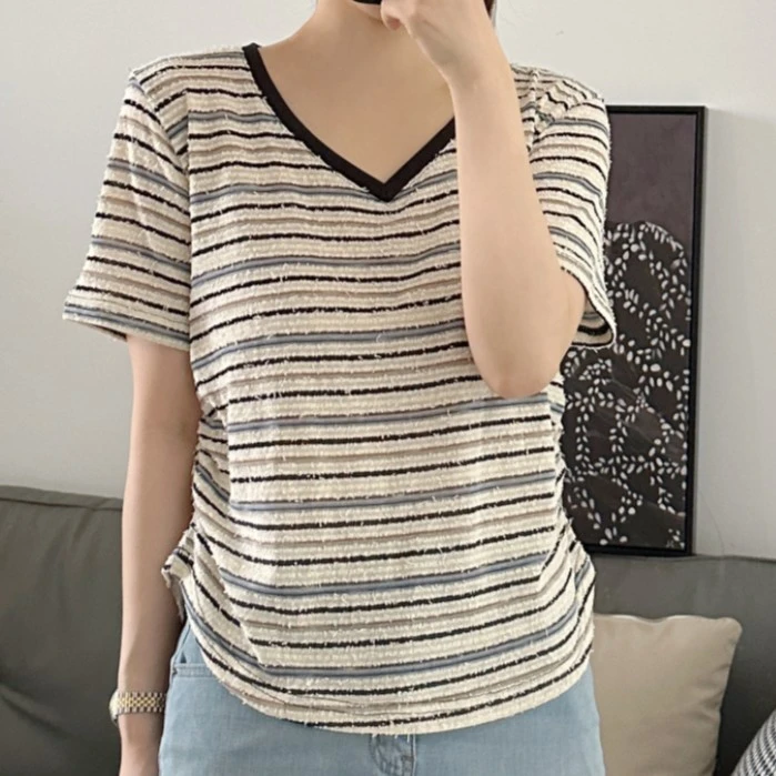 【NANA】V领流苏条纹 撞色拼接T恤女褶皱小众显瘦正肩上衣女A0309