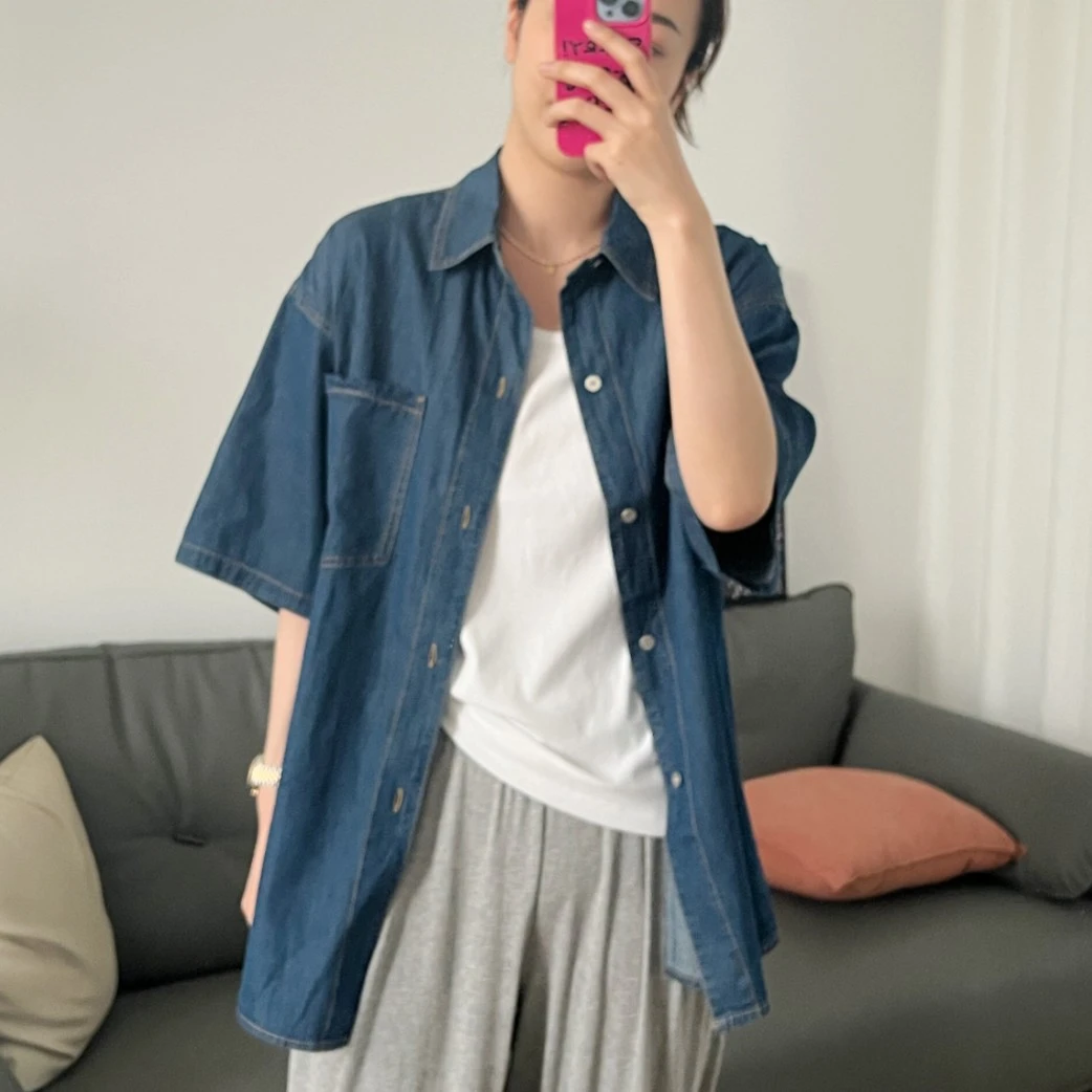 【NANA炸】牛仔衬衫设计感夏季男女同款显瘦短袖上衣女小众潮A0253
