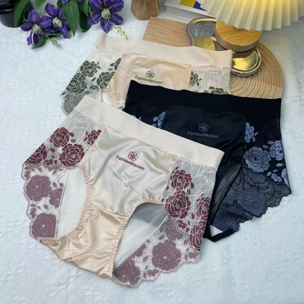 秋冬新款玫瑰花网纱拼接蕾丝高腰大码亲肤舒适女士内裤性感底裤