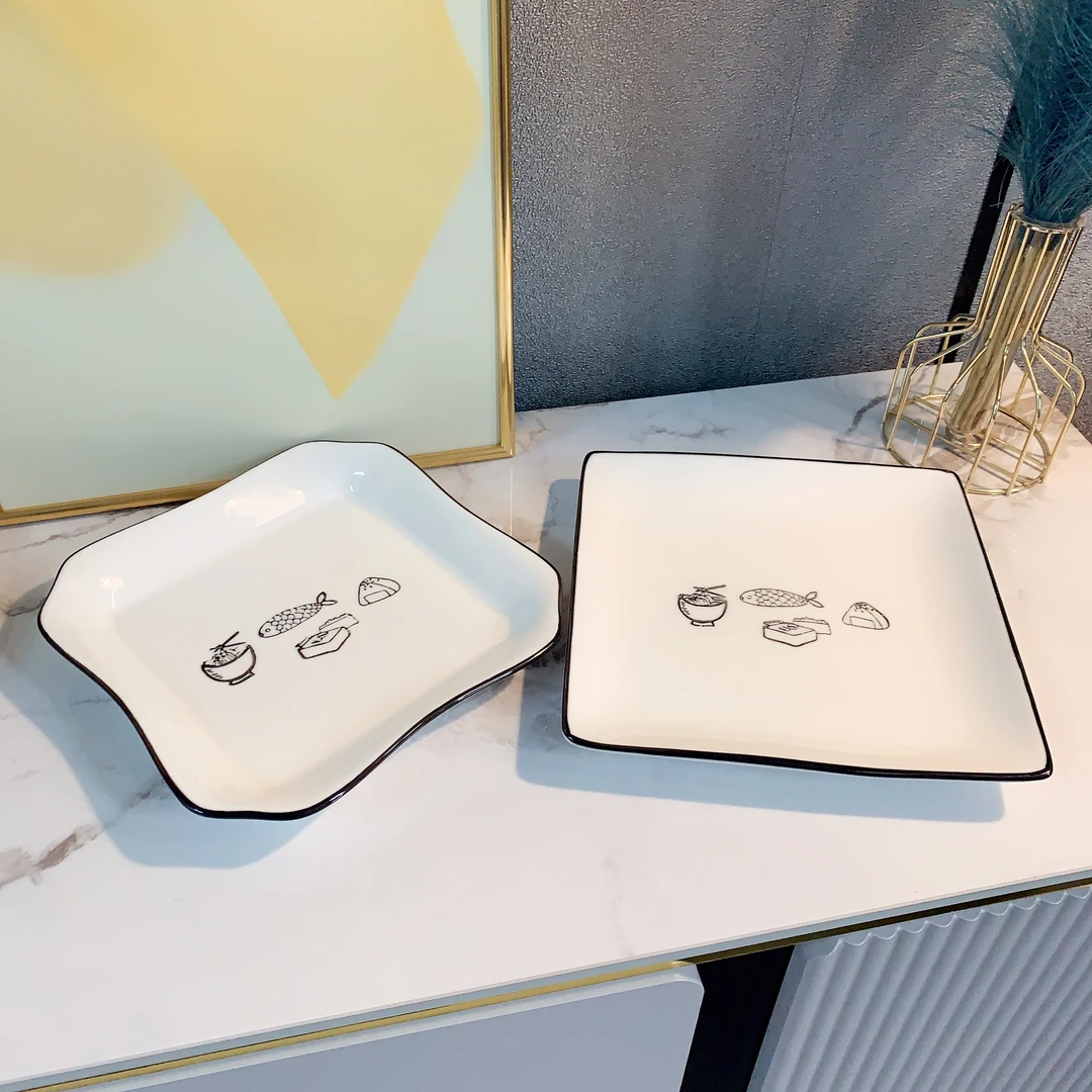 黑线手绘陶瓷盘四件套家用西餐盘双耳饺子盘家用方盘方形点心盘