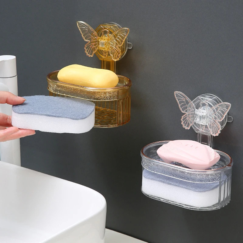 轻奢创意蝴蝶吸盘肥皂盒置物架家用厨房卫生间壁挂式沥水架厕所