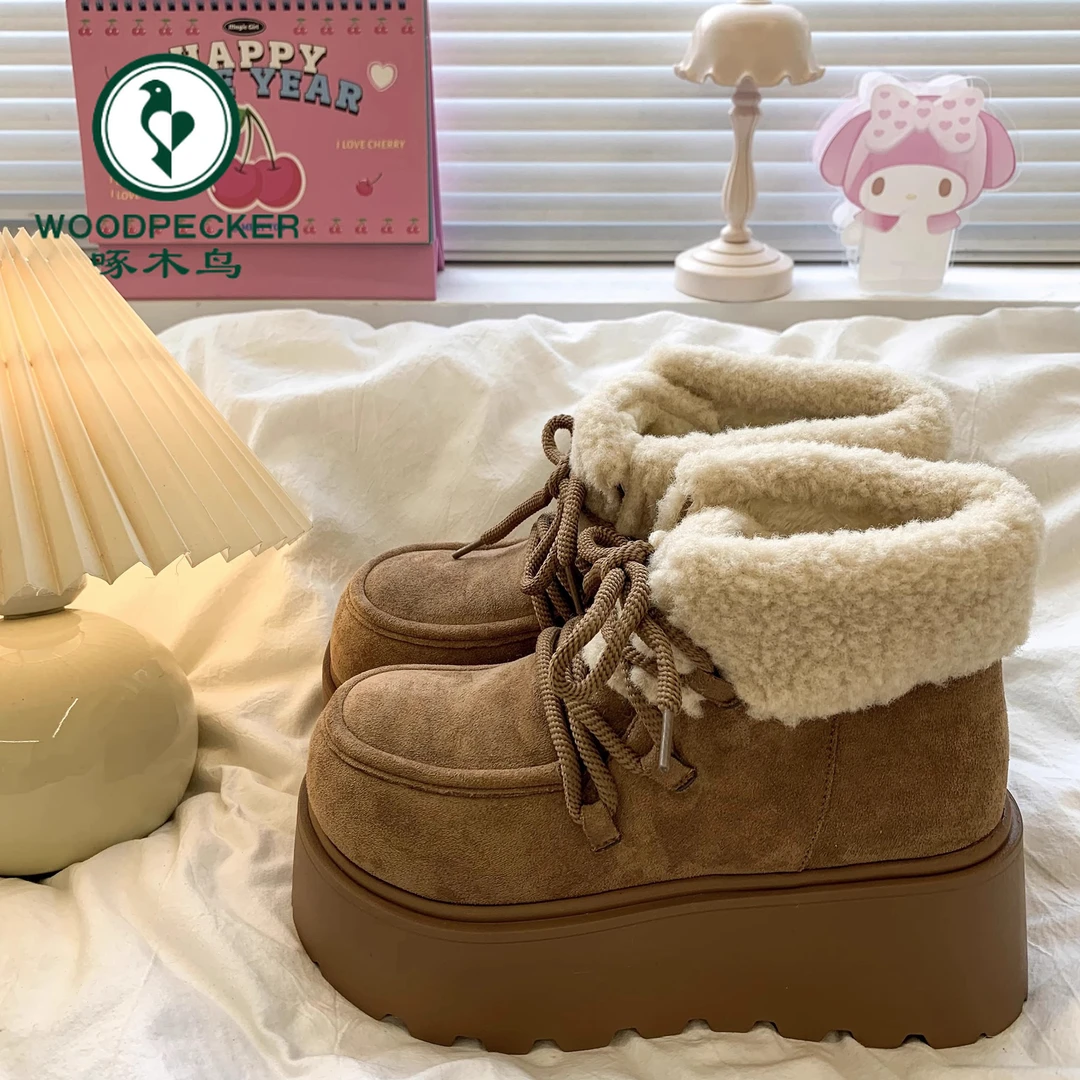 啄木鸟厚底增高棉靴女2024新款秋冬复古短筒雪地靴加绒毛毛大棉鞋