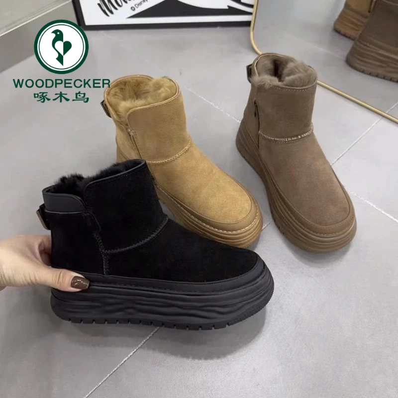 啄木鸟皮毛一体厚底雪地靴女2024冬季加绒加厚棉靴防滑东北大棉鞋