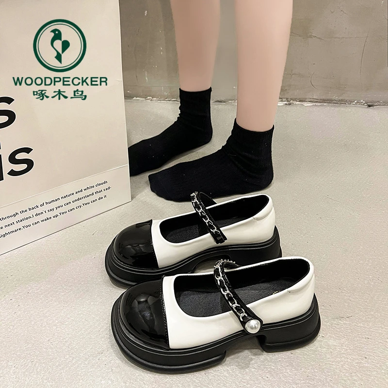 啄木鸟粗跟拼色玛丽珍鞋女2024年新款小皮鞋浅口厚底增高乐福鞋
