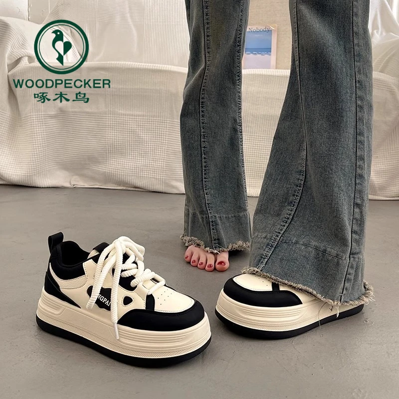 啄木鸟小众厚底板鞋女百搭超火小白鞋2024夏新款韩系休闲运动鞋潮