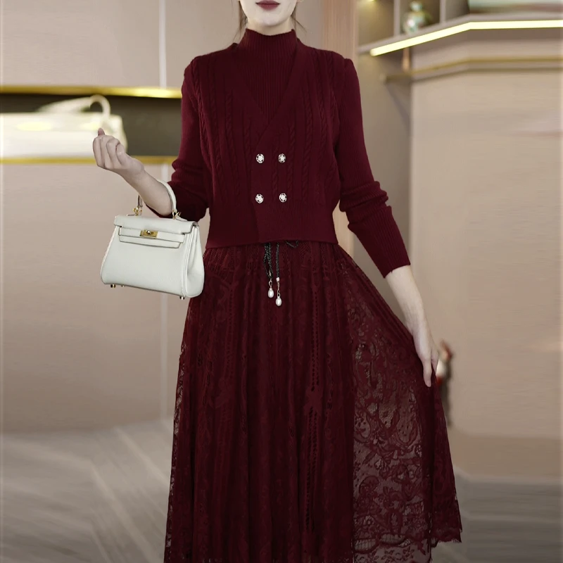 安哥拉红双排扣优雅蕾丝裙秋冬针织两件套连衣裙女时尚