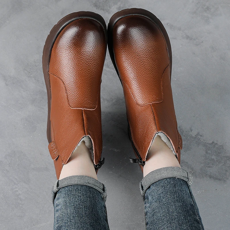 全牛皮冬季新款松糕厚底复古羊毛女靴防滑短靴真皮坡跟保暖妈妈鞋