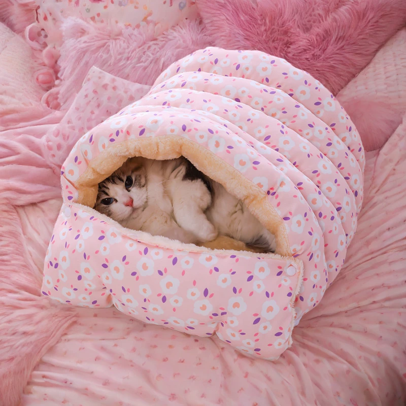 冬季封闭式毛绒保暖猫窝可拆卸猫咪睡袋加绒加厚过冬柔软小型犬窝