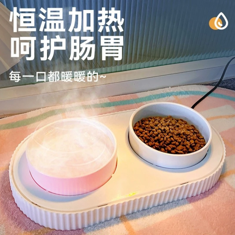 猫咪恒温饮水机加热防滑陶瓷双碗猫食盆大容量狗盆碗吃饭饮水碗