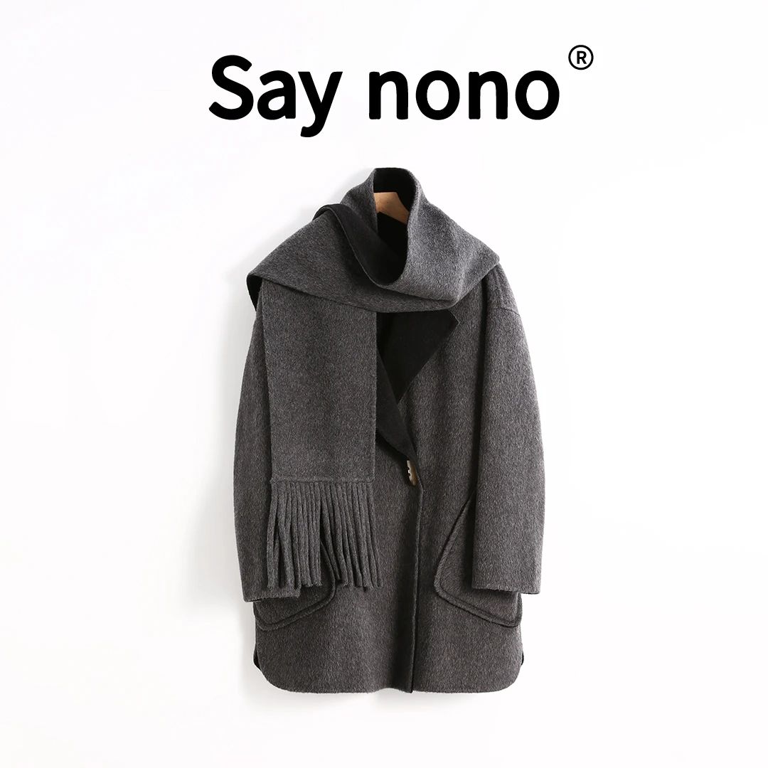懒猫nono│Saynono 送围巾＿撞色AB面双面毛呢大衣外套/SYAB59213