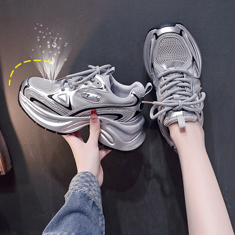 白鹿同款银色老爹鞋女款2025新款爆款春秋网面鞋子透气百搭运动鞋