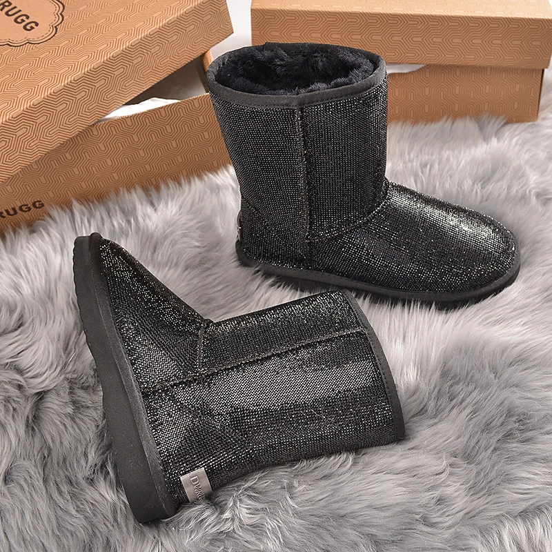 网红满天星水钻雪地靴女冬2024新款厚底棉靴短筒加绒加厚保暖棉鞋