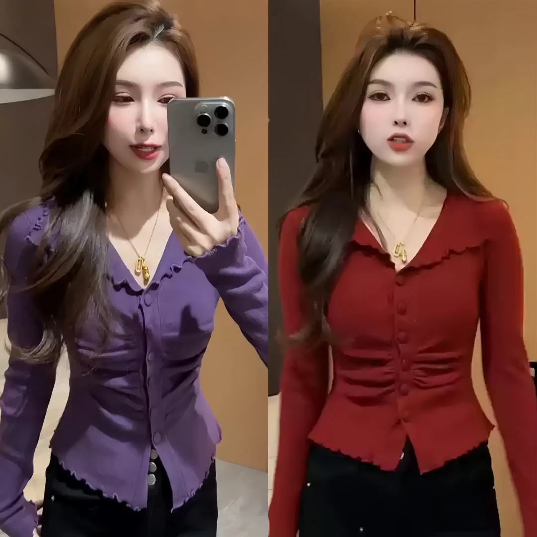 洋气木耳边v领红色针织衫女毛衣冬季新款温柔风长袖上衣打底开衫