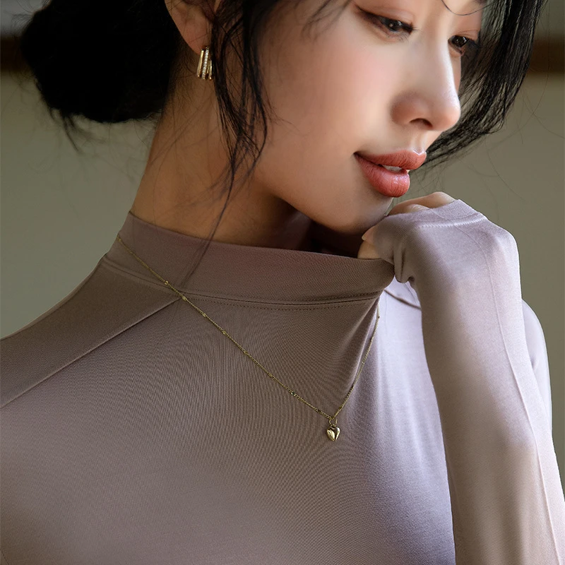 莫代尔秋冬女式薄款长袖半高领高弹力保暖修身百搭显瘦纯色打底衫