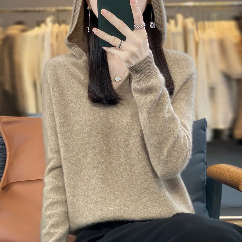 纯色V领连帽100%羊毛一线成衣秋冬宽松针织衫