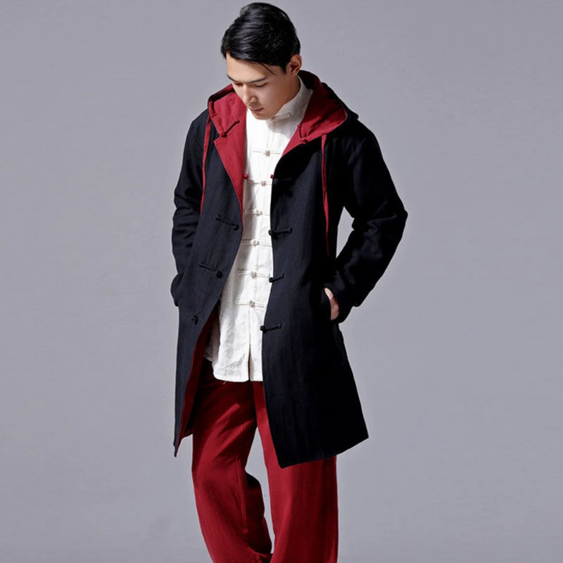 新中式两面穿风衣秋季中长款连帽唐装苎麻复古禅意茶服百搭外套