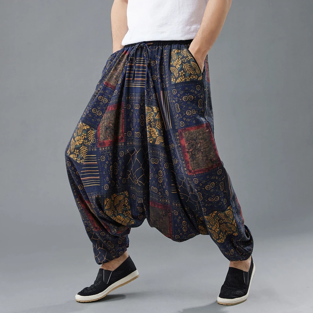 中国风棉麻抵挡垮裤男松紧腰灯笼掉档裤束脚大裆裤宽松印花哈伦裤