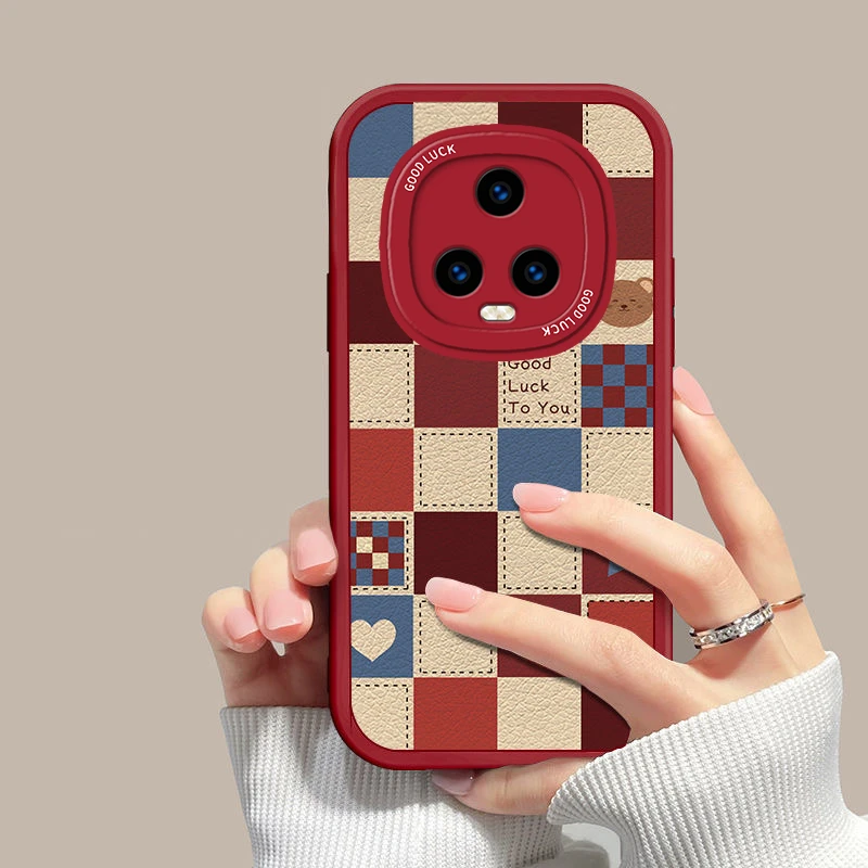 荣耀Magic5手机壳格子小熊Magic5Pro网红女款小羊皮软壳全包新款