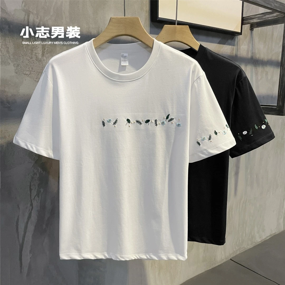 2024夏季新款文艺休闲圆领短袖清爽百搭花卉T恤男士韩版简约上衣