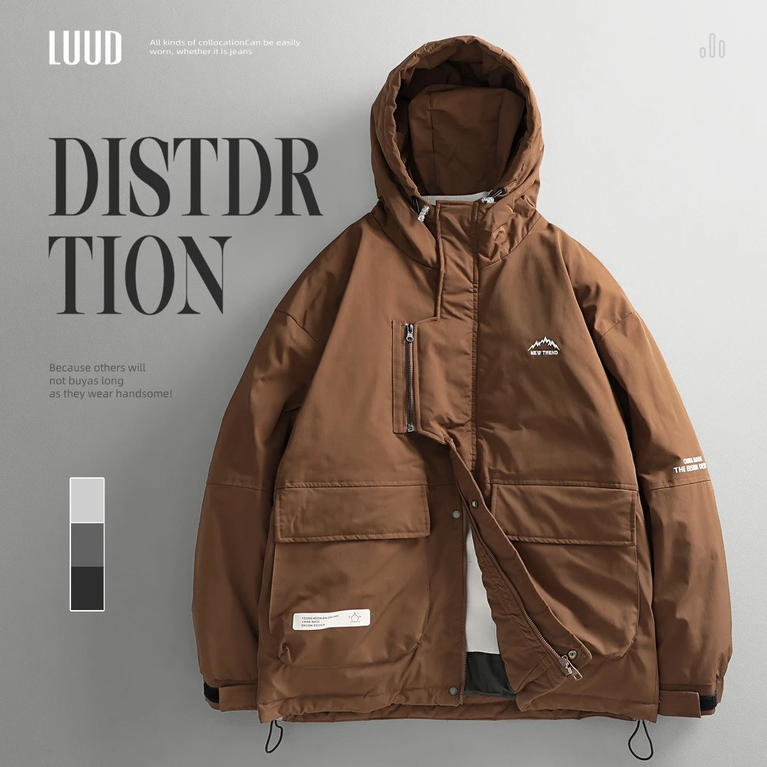 复古帅气拼接拉链保暖棉服冬季加厚连帽工装百搭防风上衣外套男