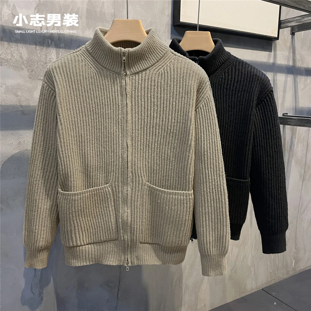 冬季时尚立领保暖针织衫外套口袋百搭上衣净色拉链短款潮男毛衣