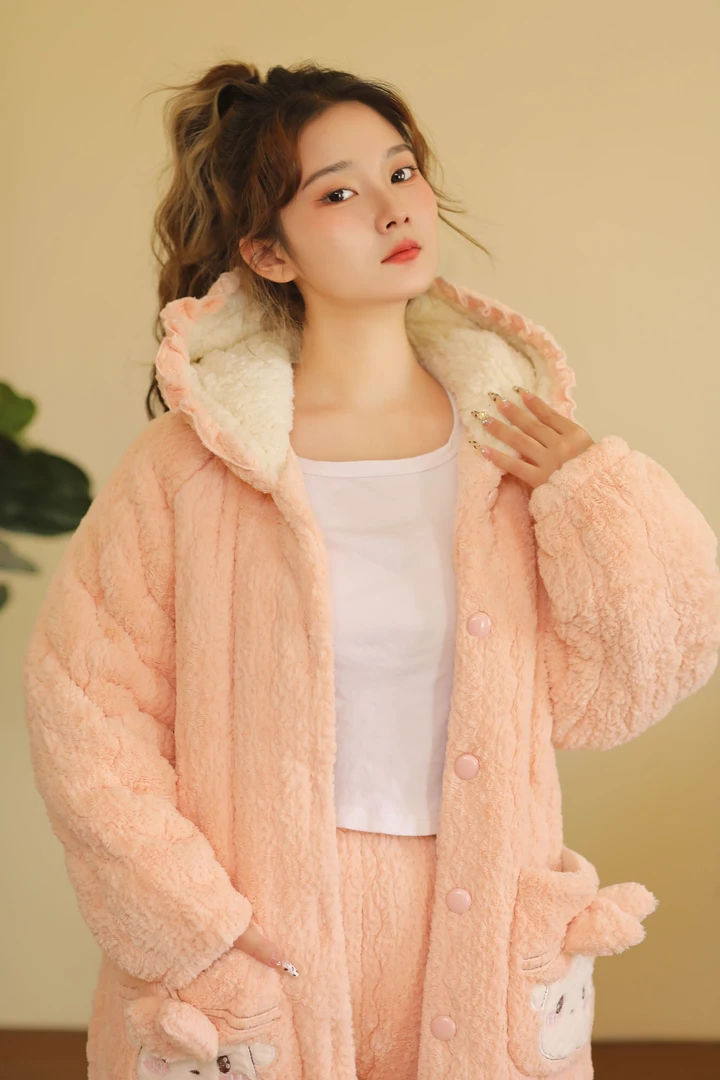 糯米絾宽松版连帽长袍套装三层加絾加棉加厚保暖睡衣冬季女士