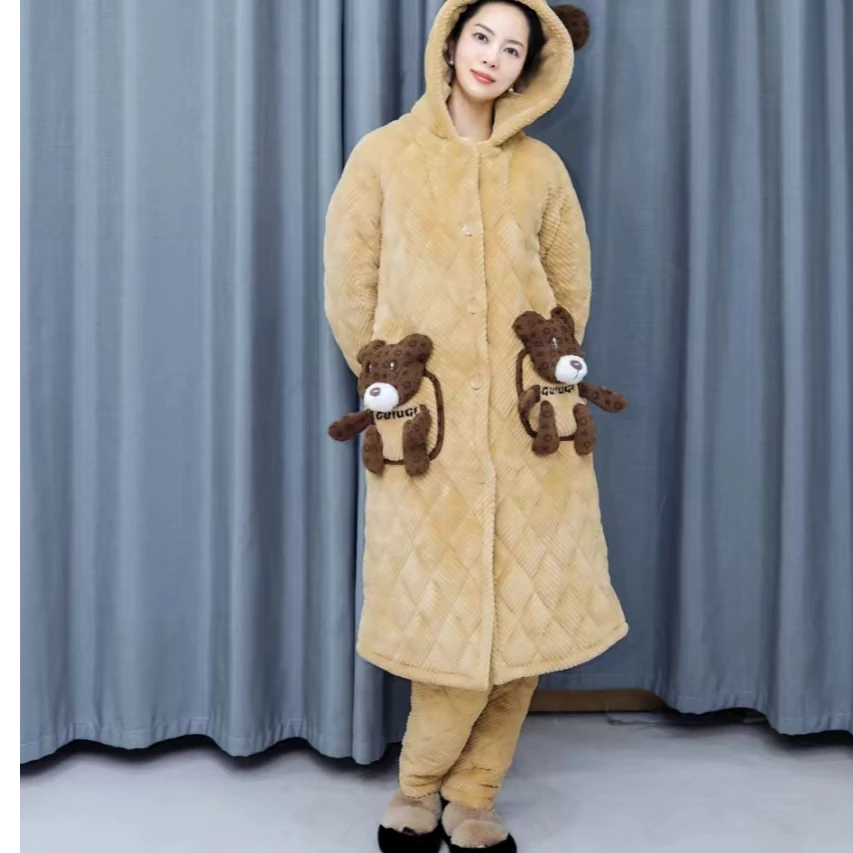卡通咖色小熊三层加棉特厚保暖家居服长袍套装可爱秋冬女士连帽