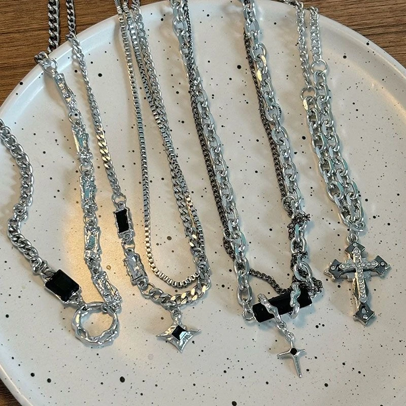 合金项链 芒星双层项链男轻奢小众设计嘻哈风情侣男生女项链套装