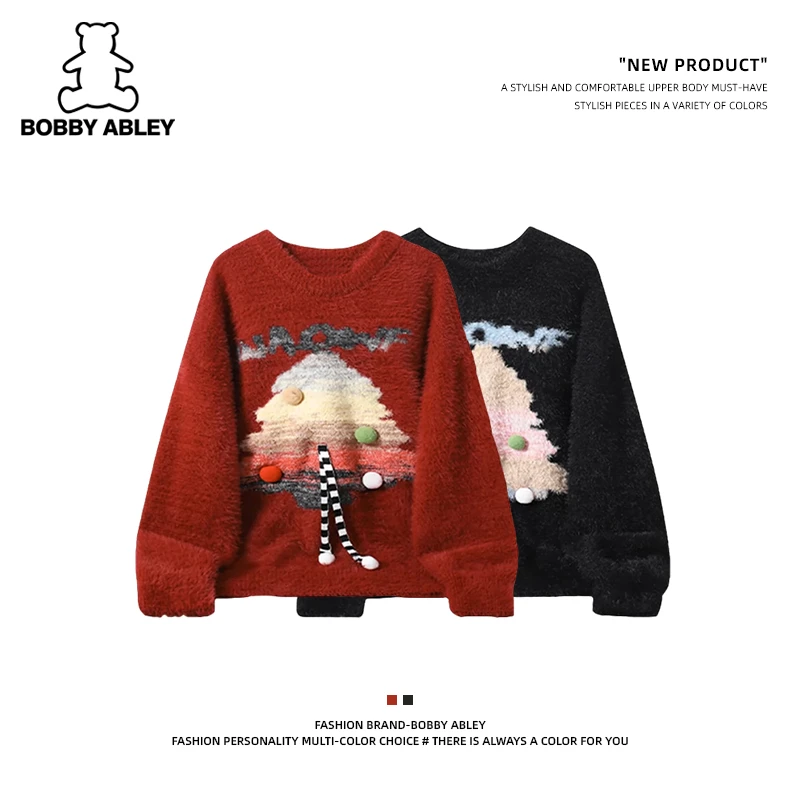 BOBBY ABLEY新年渐变圣诞树圆领情侣毛衣慵懒休闲针织衫