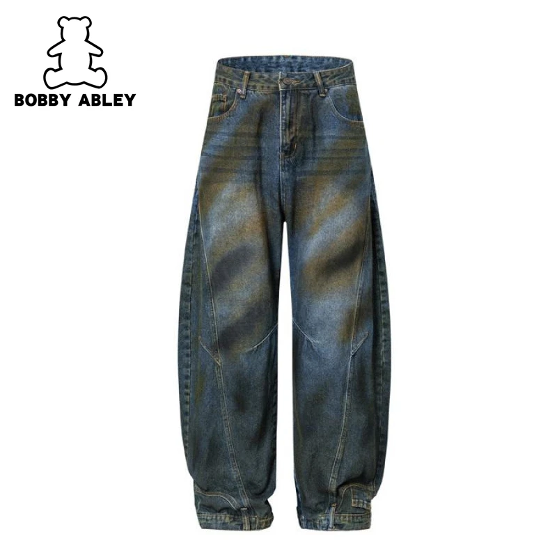 BOBBY ABLEY美式高街水洗复古脏脏风弯刀牛仔裤男女同款做旧潮流